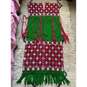 Women's Thai Hill Tribe Style dress Handmade Cotton blend green red long fringe